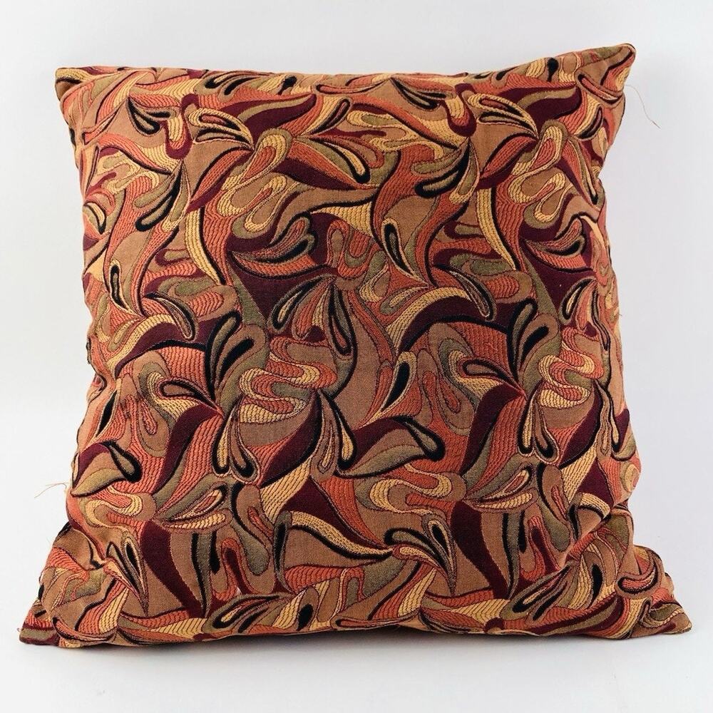 Gold Brick Red Square Pillow Paisley Vintage 1990s Jacquard Goose Feather Insert